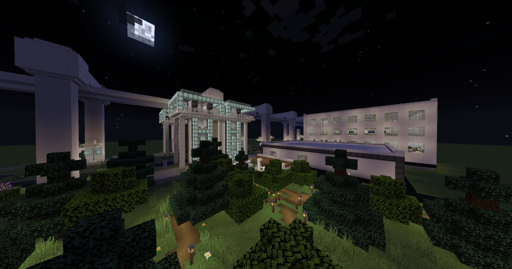 Minecraft arhitektūras piemērs - ēka un parks